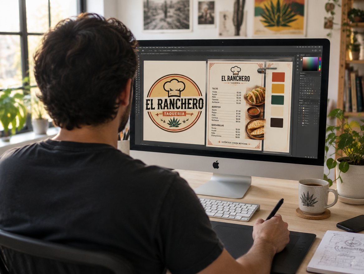 Designer working on a restaurant logo and menu design on a computer